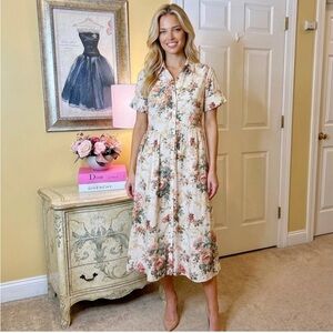 $1645 Erdem Ecru Multi Flared Cuff Fit & Flare Floral Linen Shirt Dress Size 12